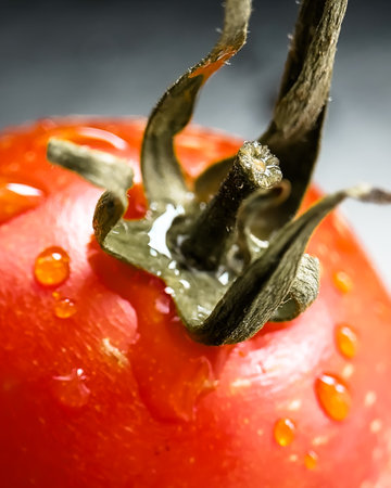 One red tomato on black background. Macro Photo. High quality photoの写真素材