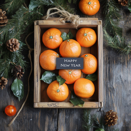 dark background with tangerines in a wooden box. New Year. photo. postcardの写真素材