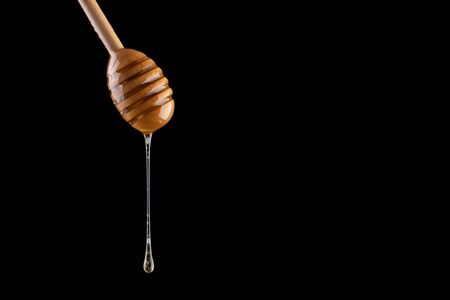 Honey flows from a stick on a black background. A drop of honey on a stick on a black background.の写真素材