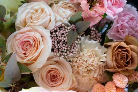 Bouquet of different flowers. View from above.
