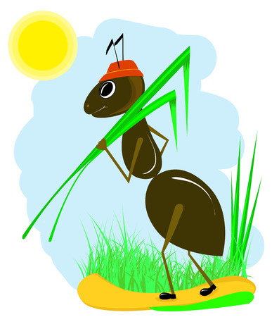 Cartoon ant carrying a green grassのイラスト素材