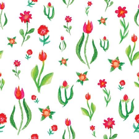 Watercolor vector seamless pattern with small flowers tulips, bright floral aquarelle backgroundのイラスト素材