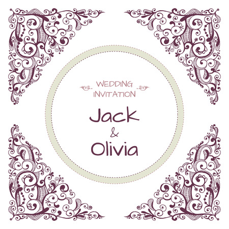 Vector wedding invitation card with vintage baroque rococo swirls, ornate damask background. Save the date ornamentのイラスト素材