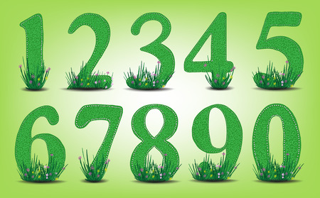 Set of numbers with grass and flowers. environmental protectionのイラスト素材