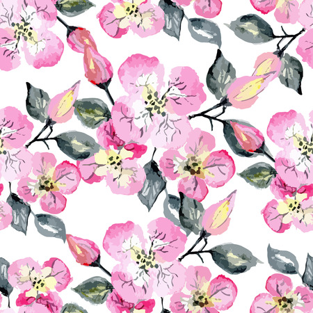 Vector watercolor seamless bright blossom pattern, floral spring branch ornament, fashion print for fabric, big watercolor pencil drawing flowersのイラスト素材