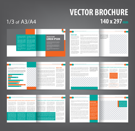 Vector empty bi-fold brochure print template design, bifold bright orange green booklet or flyer, 12 pagesのイラスト素材