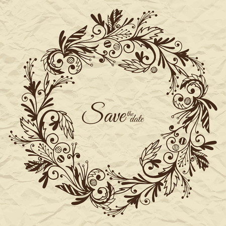 Vector wedding invitation card with vintage baroque rococo lace, ornate background. Save the date brown ornamentのイラスト素材