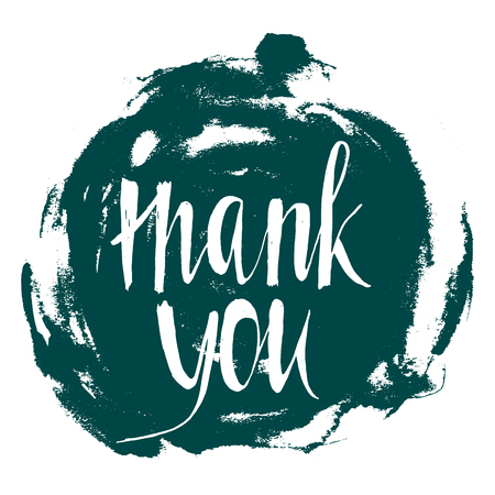 Thank you lettering card design. Vector hand drawn thanks blue wedding postcard on aquamarine splash. Celadon hand painted stain template, spot of paint with blue lettersのイラスト素材