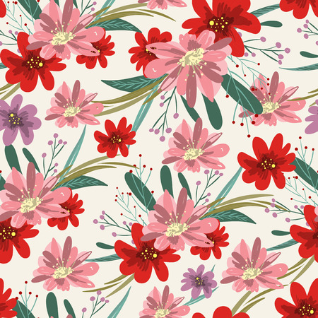 Retro seamless floral background, red vintage flowers and branchesのイラスト素材