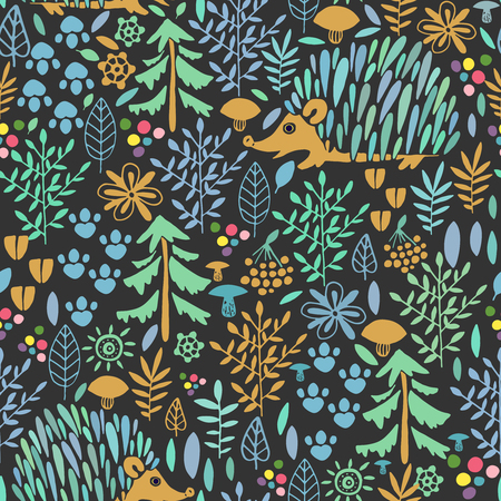 Hedgehogs, leaves, branches, Seamless vector hand drawn pattern painted by ink and pen. Ideal for textile design, abstract fabric backgroundのイラスト素材