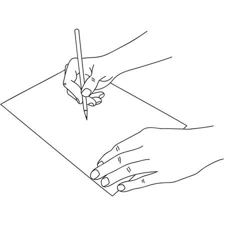 Human hands holding a pen and writing on paper.のイラスト素材