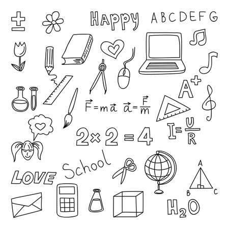 Back to school. Set doodle elenents. Hand draw office equpment.のイラスト素材