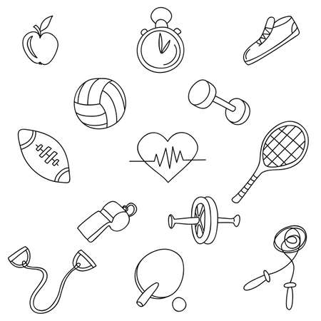 Sports fitness gym equipment.Hand draw doodle set icons.のイラスト素材