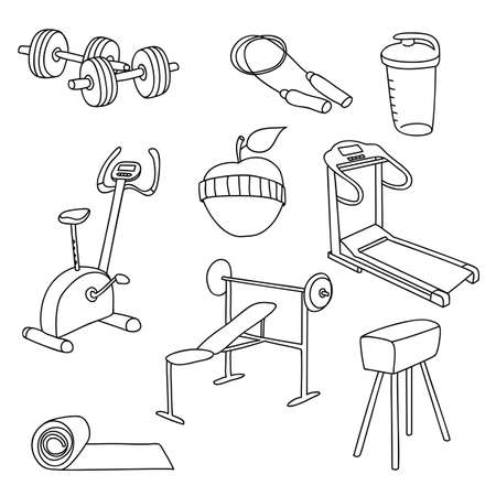Fitness gym equipment.Hand draw doodle set icons.のイラスト素材