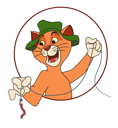 The cat is a brutal man. Places a worm on a hook and fishes in a river/lake. Hat on, line in hand. To advertise everything for fishing rods, baits, bait, clothes.のイラスト素材