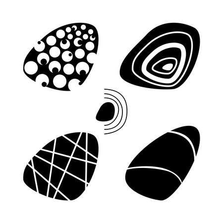 Minimalistic black and white set of graphic vector elements, stones with patternsのイラスト素材