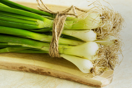 Spring green onion on a wooden board. Light background. Country style. Selective focus. Close-up.の写真素材