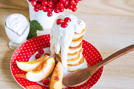 Pancakes with sour cream. Selective focus.Top view. Horizontal.の写真素材