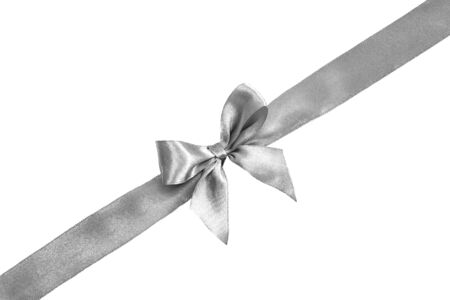 Silver bow isolated on white background. Silk ribbon, silk bow.