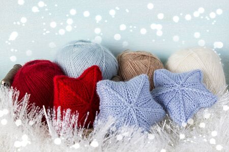 Warm and cozy knitted Christmas background. The concept of warm and cozy winter holidays.の写真素材