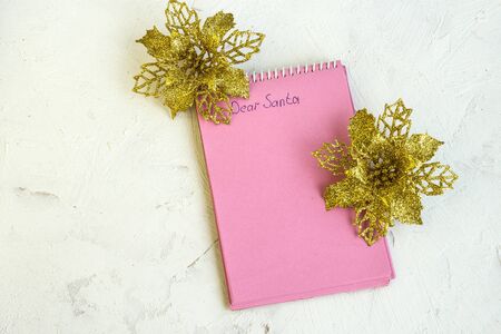 Empty letterhead for santa claus. Christmas wish concept. Empty notebook with christmas decorations. Flat layout. Copy space.の写真素材