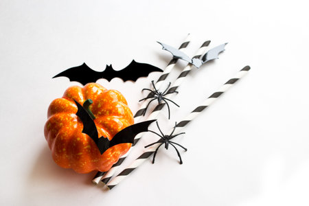 Hallowne. Pumpkin, Bat and Spiders. Halloween decor elements on white background. Decor concept for...