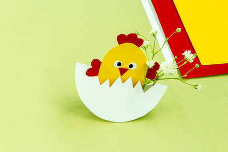 Step-by-step instructions for creating an Easter decor. Step 4. The process of assembling the Easter decor. Copy space. Top view.の写真素材