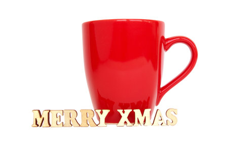 Red cup and inscription merry christmas isolated on white background. Copy space.の写真素材