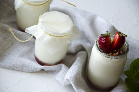 Homemade yogurt with fresh strawberries. Ingredients for a healthy breakfast are halves of strawberries, walnuts and yogurt with glasses on textiles on a white concrete background.の写真素材