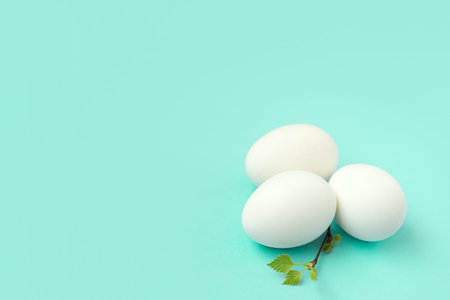 happy easter egg and branch with young leaves on turquoise background