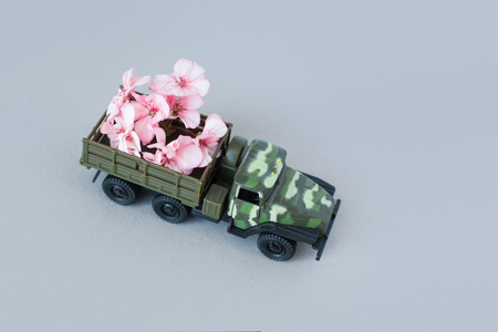 war machine with a flower in the back, peace and war, military action, a flower in the barrel of a tank, a concept on the army, free space, copy space, space for text, victory day, may 9, world war.の写真素材