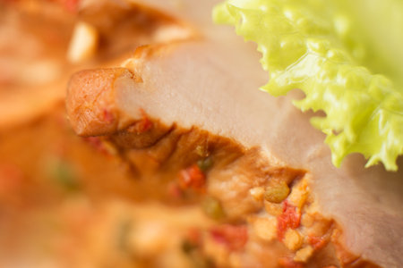 Smoked sausage and bread, sandwich macro shot, close, selective focus.の写真素材