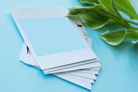 printed photos, cards, on a blue background with a white flower. Mock up.の写真素材
