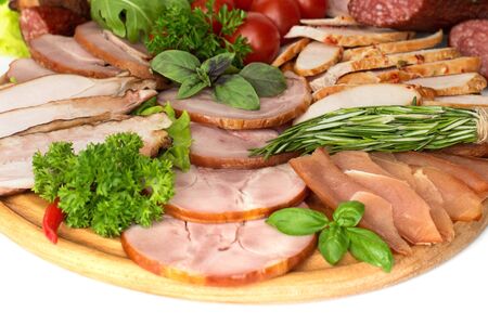 different types of sausages in the context, in cut. meat products, banner. diversity.の写真素材