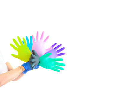 multi-colored medical gloves isolated. Sterile equipment for the medical and beauty industries. Copy...