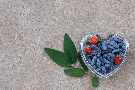 honeysuckle berries on a concrete background. Summer blu berries. Green background
