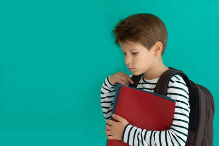 Schoolboy with a bored face with copy space. Pupil with a backpack and textbooks. Back to schoolの写真素材