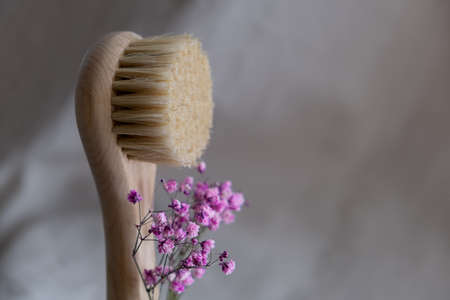 Facial massage brush with natural bristles on a linen background with bark and pink gypsophila flowers. eco friendly cosmetics concept.の写真素材