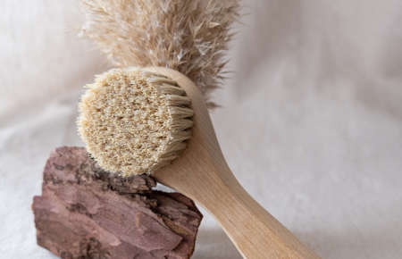 Facial massage brush with natural bristles on a linen background with bark and dried flowers. eco friendly cosmetics concept.の写真素材
