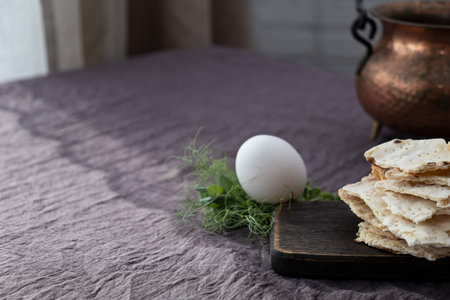 Homemade matzo with microgreen peas. Unleavened flatbread bread. Pesah celebration concept. Jewish...