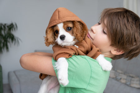 Boy with puppy wearing a brown hoodie. Autumn and winter clothes for pets. Cavalier King Charles Spaniel Blenheim.の写真素材