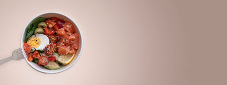 banner. Poke bowl with fresh salmon; avocado; quinoa. Takeout Healthy Trendy Fitness food. in...