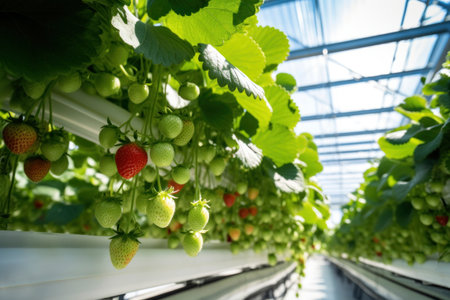 Strawberry plant is growing in vegetable green house on hydroponics, eco friendly business, greenhouse complexes with low-volume hydroponics. drip irrigation system for plantsの素材