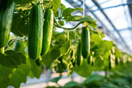 Cucumber plant is growing in vegetable green house on hydroponics, eco friendly business, greenhouse complexes with low-volume hydroponics. drip irrigation system for plantsの素材