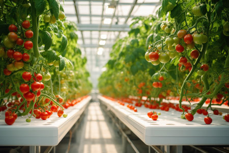 Tomato plant is growing in vegetable green house on hydroponics, eco friendly business, greenhouse complexes with low-volume hydroponics. drip irrigation system for plantsの素材