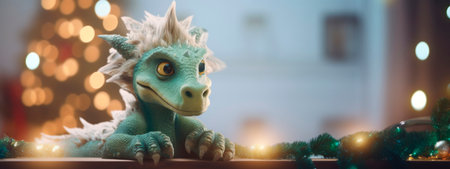 Cute dragon in Santa hat on lights background. Happy character with gifts for holiday. Soft neutral colors. Concept of New Year, Christmasの素材