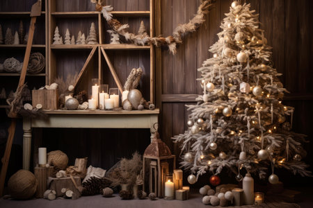 Natural rustic Christmas Decor. large decorated christmas tree, wooden jewelry, berries. a lot of lights on the background. Scandinavian style. cozy, soothing neutral tones and natural materials. Aiの素材