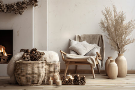 Natural rustic Christmas Decor. large decorated christmas tree, wooden jewelry, berries. a lot of lights on the background. Scandinavian style. cozy, soothing neutral tones and natural materials. Aiの素材