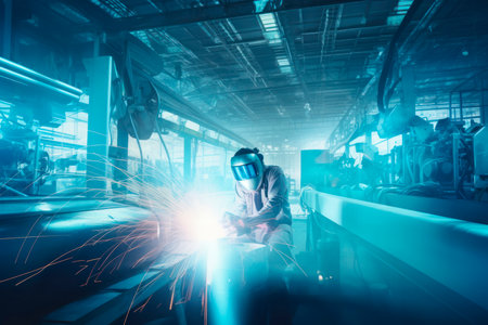 Masked welder works as welding machine at modern factory with the rest of the silver-colored machines.の素材