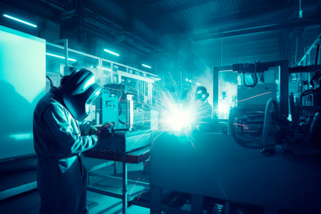 Masked welder works as welding machine at modern factory with the rest of the silver-colored machines.の素材